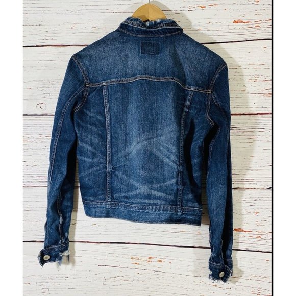 AE American Eagle Denim Jean Jacket Womens Sz Extra Small Coat Distressed Cuffs - Picture 2 of 9